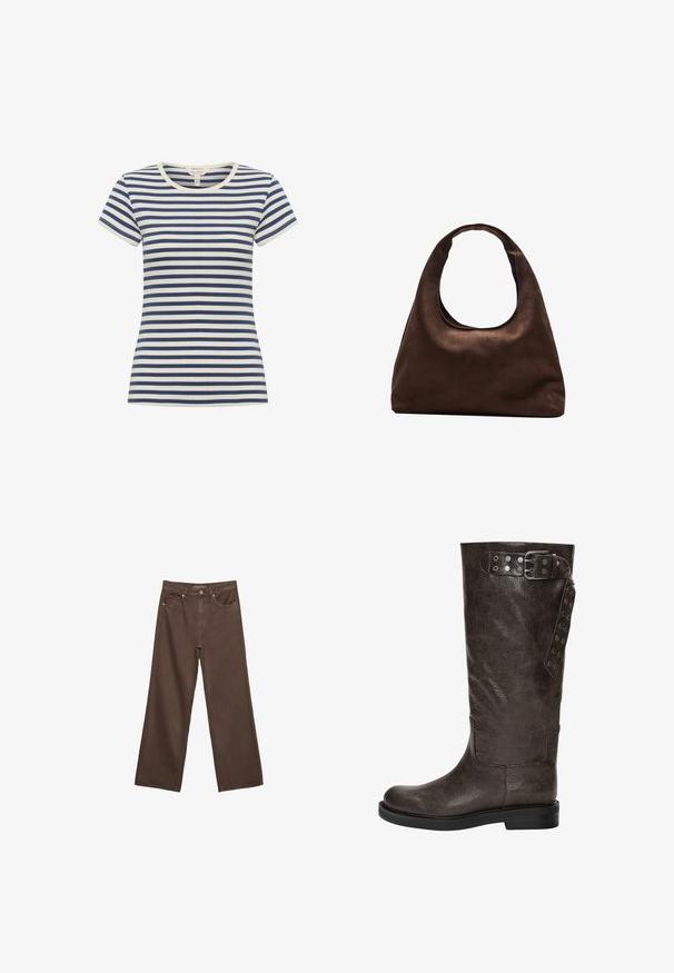 Braune Lederjacke mit Kragen, Reißverschluss und zwei Seitentaschen. Glatte Textur mit einem leicht abgenutzten Finish.; Langärmliger, gerippter Pullover mit burgunderfarbenen und cremefarbenen horizontalen Streifen, rundem Ausschnitt und tailliertem Schnitt, der ein strukturiertes Aussehen bietet.; Gestreiftes T-Shirt in Marineblau und Creme, mit kurzen Ärmeln, rundem Ausschnitt, aus weichem Material mit figurnaher Passform und kontrastierenden Streifen.; Weite braune Jeans aus Denim, mit hoher Taille, Fronttaschen und klassischem Knopfverschluss. Glatte Textur mit feinen Nähten.; Braune Lederstiefel bis zum Knie mit strukturiertem Finish, ausgestattet mit einer Schnalle und Druckknopf-Akzenten an der Seite sowie einer flachen Gummisohle.; Weiche braune Hobo-Stil Handtasche mit einem einzigen breiten Trageriemen und einer geschwungenen Oberteilöffnung, auf einem weißen Hintergrund präsentiert.