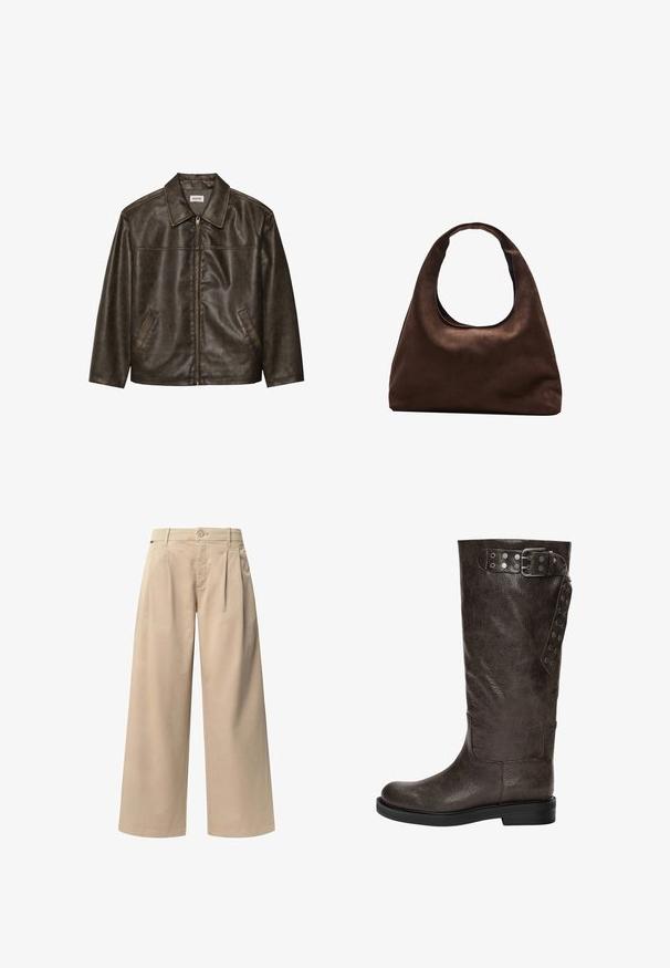 Hnědá kožená bunda s límcem, zipovým zapínáním a dvěma postranními kapsami. Hladký povrch s jemně opotřebovaným vzhledem.; Dlouhý rukáv žebrovaný svetr s bordó a krémovými vodorovnými pruhy, kulatým výstřihem a přiléhavým střihem, který nabízí texturovaný vzhled.; Beige široké kalhoty s dvěma předními skladbami, zapínáním na knoflík a hladkým povrchem. Navrženo pro pohodlí a volný střih.; Hnědé kožené vysoké boty k kolenům s texturovaným povrchem, se sponou a cvočkovými detaily na boku, a plochou gumovou podrážkou.; Měkká hnědá kabelka ve stylu hobo s jedním širokým popruhem a zakřiveným horním otvorem, vystavená na bílém pozadí.