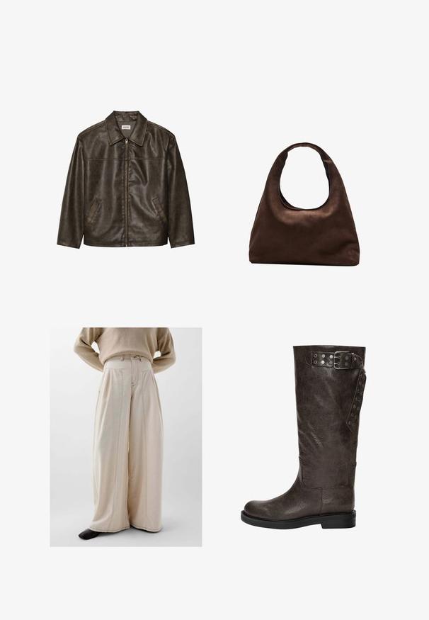 Ruskea nahkatakki, jossa on kaulus, vetoketjukiinnitys ja kaksi sivutaskua. Silkkinen pinta, jossa on hieman kulunut viimeistely.; Pitkähihaine ribbipaitojen, joissa on maroonin ja kermanväriset vaaka-raidat, pyöreä pääntie ja muotoiltu malli, joka tarjoaa teksturoidun ilmeen.; Valkoiset leveälahkeiset housut karheasta kankaasta, joissa on korkea vyötärö, etupleatit ja näkyvät ompelusaumat.; Korkean varren ruskea nahkakenkä, jossa on tekstuuripinta, sivuilla solki- ja napin yksityiskohtia, sekä tasainen kumipohja.; Pehmeä ruskea hobo-tyylinen käsilaukku, jossa on yksi leveä olkahihna ja kaareva yläosan aukko, esitelty valkoista taustaa vasten.