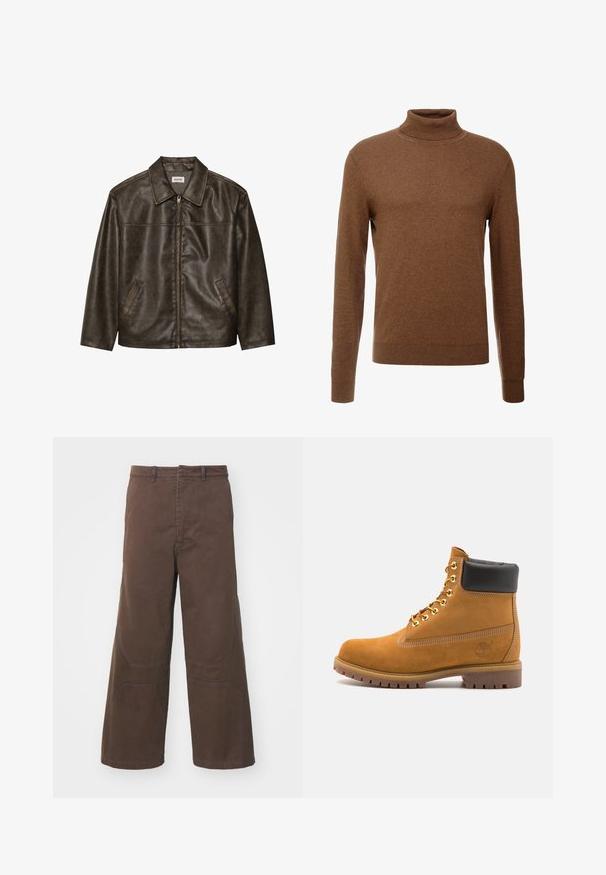 Giacca in pelle marrone con colletto, chiusura a zip e due tasche laterali. Texture liscia con una finitura leggermente invecchiata.; Maglione dolcevita marrone realizzato in tessuto morbido, con maniche lunghe, polsini a coste e un design aderente senza motivi visibili.; Pantaloni a gamba larga marroni realizzati in cotone resistente. Presentano tasche frontali a toppa e dettagli rinforzati sulle ginocchia per una funzionalità aggiuntiva.; Stivale alla caviglia in suede tan con collare imbottito nero, occhielli in metallo dorato, dettagli in cucitura bianca e suola in gomma robusta con battistrada pronunciato.