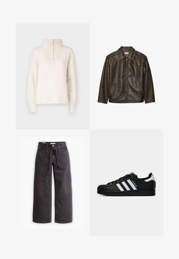 Chaqueta de cuero marrón con cuello, cierre de cremallera y dos bolsillos laterales. Textura suave con un acabado ligeramente desgastado.; JDY INGEBORG LIFE - Jersey de punto - pumice stone; Pantalones de mezclilla de pierna ancha negra, con cintura ajustable por cordón, cinco bolsillos y detalles de costura en contraste. Diseño frontal plano.; Zapatilla negra Adidas Superstar con rayas blancas, punta de concha y texto "Superstar" en el lateral, mostrada en perfil lateral sobre un fondo blanco.