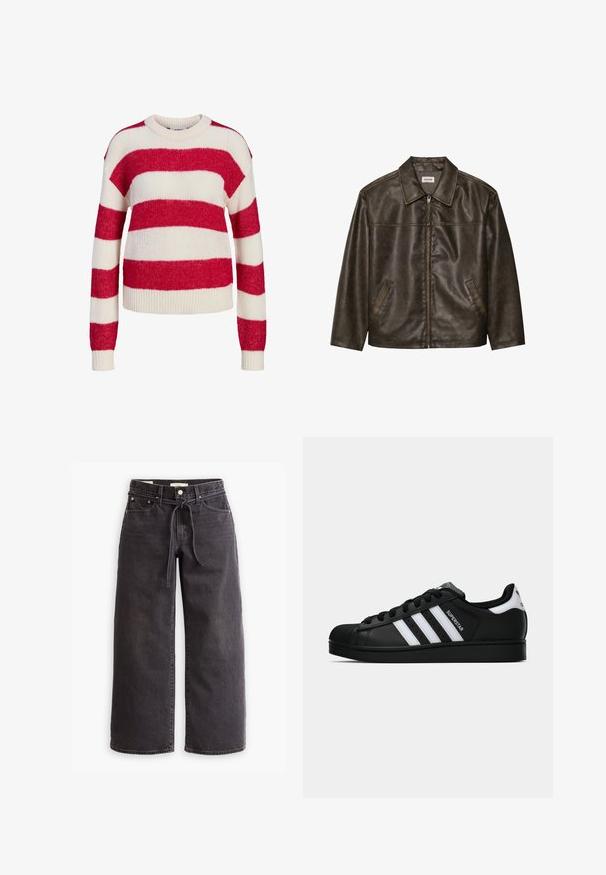 Brun läderjacka med krage, dragkedja och två sidofickor. Slät textur med en något sliten finish.; Röd och vit randig stickad tröja med rund hals, långa ärmar och ribbade mudd och nederkant, tillverkad av ett mjukt, strukturerat material.; Svarta vida jeans gjorda av denim, med dragsko i midjan, fem fickor och kontrasterande sömnadsdetaljer. Platt framsidan design.; Svart Adidas Superstar sneaker med vita ränder, sula i skalform och "Superstar" text på sidan, visad i sidoprofil mot vit bakgrund.