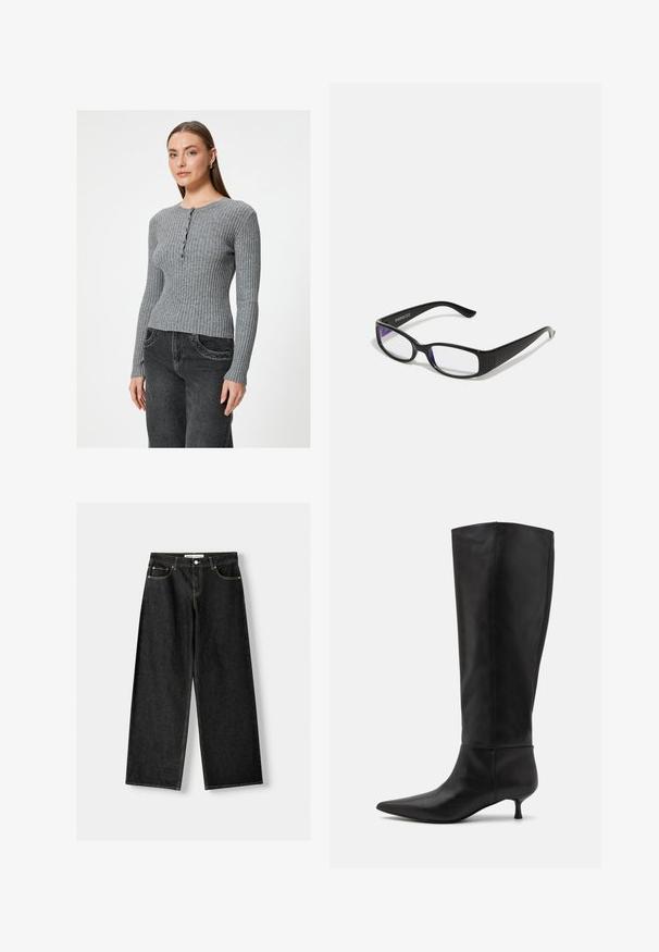 Braune Lederjacke mit Kragen, Reißverschluss und zwei Seitentaschen. Glatte Textur mit einem leicht abgenutzten Finish.; Grauer, gerippter Strickpullover mit Rundhalsausschnitt und Knopfdetails, langärmlig und mit taillierter Passform. Kombiniert mit dunklen Jeans.; Schwarze Jeans mit weitem Bein aus Denim, mit fünf Taschen, metallischem Knopf und Reißverschluss und kontrastierenden gelben Nähten entlang der Nähte.; Knöchelhohe schwarze Lederstiefel mit einer spitz zulaufenden Zehenpartie und einem Kitten-Heel. Glatte Textur und minimalistisches Design ohne sichtbare Beschläge oder Akzente.; Schwarze rechteckige Brille mit klaren Gläsern. Glänzende Oberfläche, schmale Bügel und lila Tönung an den Rändern der Gläser sichtbar.