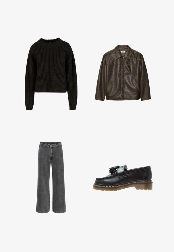 Jachetă din piele maro cu guler, închidere cu fermoar și două buzunare laterale. Textură netedă cu un finisaj ușor uzat.; Pulover negru tricotat cu textură cu nervuri, guler rotund și mâneci lungi. Design scurtat cu o croială lejeră. Fără modele sau accesorii vizibile.; Pantaloni largi din denim negru decolorat, cu un fermoar clasic, design cu cinci buzunare și un finisaj ușor texturat.; Mocasini din piele neagră cu un finisaj texturat, având un ciucure decorativ și cusături contrastante de culoare galbenă, pe un toc masiv, transparent.