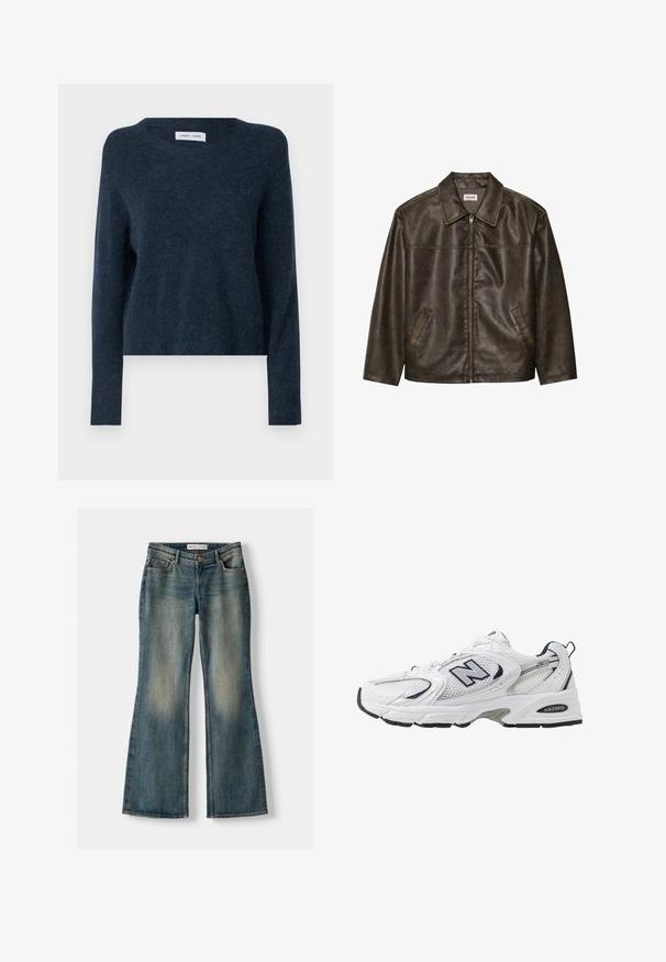 Bruine leren jas met een kraag, ritssluiting en twee zijzakken. Soepele textuur met een licht verouderde afwerking.; Navyblauwe trui, gemaakt van zacht materiaal, heeft een ronde halslijn, lange mouwen en een losse pasvorm met minimale textuur.; Blauwe uitlopende spijkerbroek met een vervaagde wassing, vijf zakken en een knoopsluiting. Het materiaal heeft een denim textuur met subtiele stikseldetails.; Witte sport schoen met mesh bovenkant, marineblauwe accenten en een gehoorzaamde zool. Bevat het "N" logo, veters en een gestructureerde detail aan de zijkant.