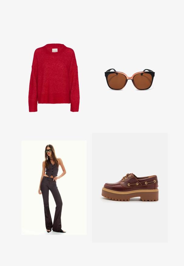 Brown leather jacket with a collar, zip closure, and two side pockets. Smooth texture with a slightly distressed finish.; Red knitted sweater with a round neckline, drop shoulders, ribbed hem, and soft texture, featuring loose fit and light, airy appearance.; Brown pinstriped cropped vest and flared pants, featuring buttons and a textured fabric. Black open-toed shoes and oversized sunglasses.; Brown leather boat shoe with a chunky brown rubber sole, gold eyelets, and contrast stitching. Features a logo on the side.; Sunglasses with brown lenses, black and transparent orange frames, cat-eye shape, and smooth texture. No visible hardware or patterns.; Brown suede shoulder bag with an open top. Features a deep, wide body, cut-out handle, and minimal stitching for a clean design.