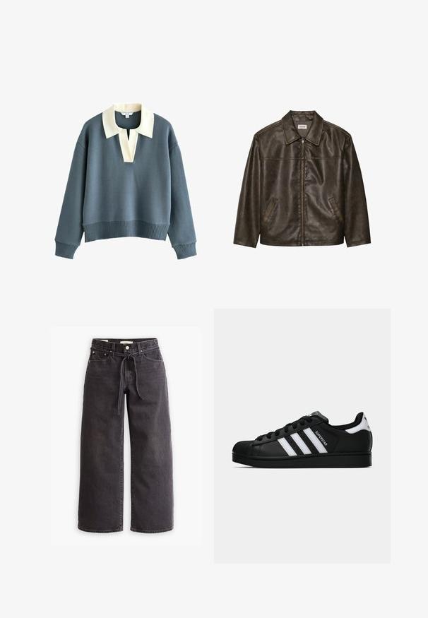 Brun læderjakke med krave, lynlås lukning og to sidelommer. Glat tekstur med en let slidt finish.; Langærmet, blå pullover med en bred cremefarvet krave og V-halsåbning, ribbede manchetter og kant, lavet af strikvarer.; Sorte vide ben jeans lavet af denim, med snørre i taljen, fem lommer og detaljer med kontrastsyninger. Flad frontdesign.; Sort Adidas Superstar sneaker med hvide striber, skaletå og "Superstar"-tekst på siden, vist i sideprofil på hvid baggrund.