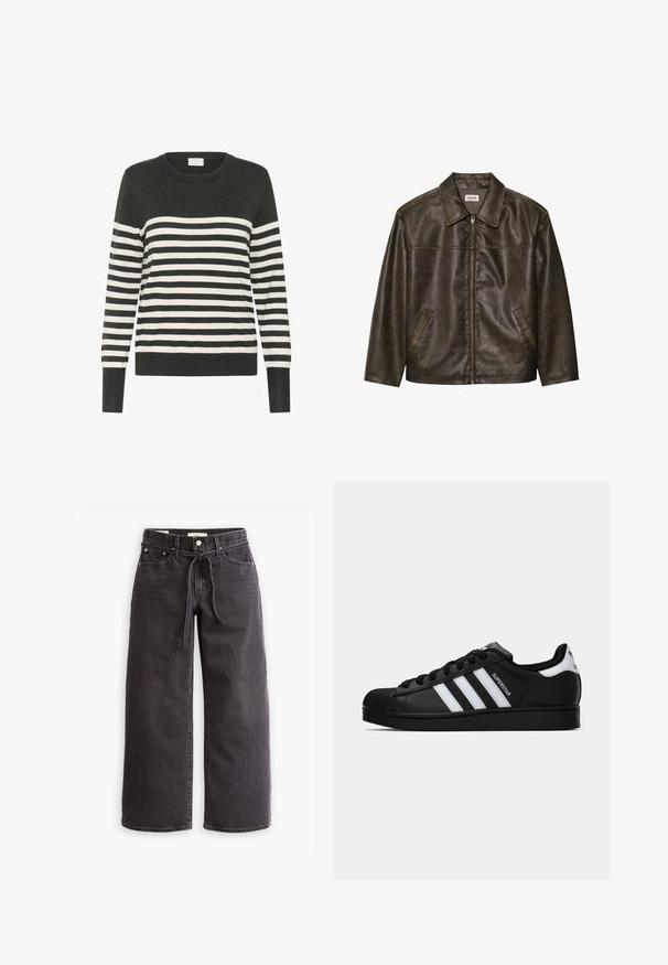 Pruun nahkjakker, millel on krae, lukuga kinnitamine ja kaks küljetaskut. Sile tekstuur, millel on kergelt kulunud välimus.; Riba su müts tumes hallis ja valges, ümmarguse kaelusega, pikkade varrukatega, millel on horisontaalsed triibud ja soonikkoes mansetid ning põhi. Pehme kudum.; Mustad laiad mustad teksapüksid, mis on valmistatud denimist, joonisega vöökoha, viie tasku ja kontrastsete õmblustega. Lame esiosa.; Mustad musta värvi Adidas Superstar toss, millel on valged triibud, koonuseline varvas ja küljes "Superstar" tekst, esitatud külgvaates valgel taustal.