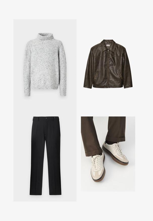 Rjav usnjeni jopič s ovratnikom, zadrgo in dvema stranskima žepoma. Gladka tekstura z rahlo obrabljenim videzom.; Svetre s svetlo sivo ribanim pletenjem in črnim pikčastim vzorcem ter dolgimi rokavi na belem ozadju.; Črne hlače z ravnim krojem, z gumbom za zapiranje in zanke za pas, gladke teksture, brez vidnih vzorcev ali akcentov.; Bež teniske z teksturiranim prednjim delom iz usnja, gladkimi kožnimi stranicami in rjavo gumijasto podplatom. Vključene vezalke in svetla šivana detajla.