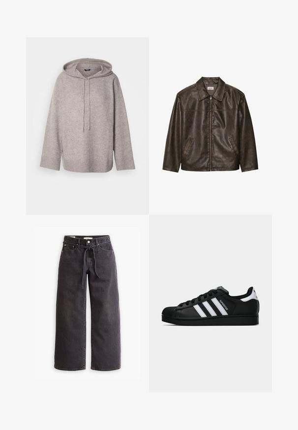 Braune Lederjacke mit Kragen, Reißverschluss und zwei Seitentaschen. Glatte Textur mit einem leicht abgenutzten Finish.; Helles graues, oversized Hoodie mit Kordelzug, geripptem Saum und strukturiertem Strickmuster. Verfügt über weite Ärmel und eine große Fronttasche.; Schwarze, weit geschnittene Jeans aus Denim mit einem Zugbandbund, fünf Taschen und kontrastierenden Nahtdetails. Flacher Frontschnitt.; Schwarzer Adidas Superstar Sneaker mit weißen Streifen, Schalenzehen und "Superstar"-Schriftzug an der Seite, im Seitenprofil auf weißem Hintergrund dargestellt.