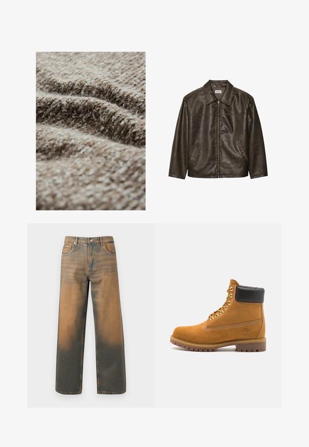 Hnědá kožená bunda s límcem, zipovým zapínáním a dvěma postranními kapsami. Hladký povrch s jemně opotřebovaným vzhledem.; Texturovaná hnědá tkanina s načechraným vzhledem, s kombinací světlých a tmavých vláken, která vystihuje tkaný vzor a různou tloušťku.; Džíny s širokými nohavicemi v distressed modré a hnědé denimové barvě. Mají vysoký pas, přední kapsy a klasické zapínání na knoflík se metalickými akcenty.; Hnědé semišové kotníkové boty s černým polstrovaným límcem, zlatými kovovými očky, bílým prošíváním a odolnou gumovou podrážkou s výraznými drážkami.