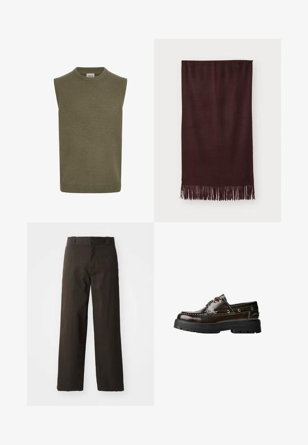 Veste en cuir marron avec un col, fermeture éclair et deux poches latérales. Texture lisse avec une finition légèrement vieillie.; Pull sans manches en olive, texture tricot côtelée, col rond, coupe droite et détail subtil à l'ourlet. Étiquette de marque visible à l'intérieur.; T-shirt noir en coton avec un col rond, des manches courtes et un ourlet droit. Texture lisse ; design simple et dépouillé.; Pantalons en coton noirs avec une coupe droite, dotés d'une fermeture à bouton et d'une taille classique. Texture lisse, sans motifs ni accents.; Bateau en cuir marron avec une semelle en caoutchouc, présentant des détails de couture, des œillets en métal et un design à lacets. Construction épaisse et légère.; Écharpe bordeaux fabriquée en tissu doux, avec une texture lisse et de longues franges sur l'ourlet pour un détail supplémentaire. Forme rectangulaire, tombe à plat.