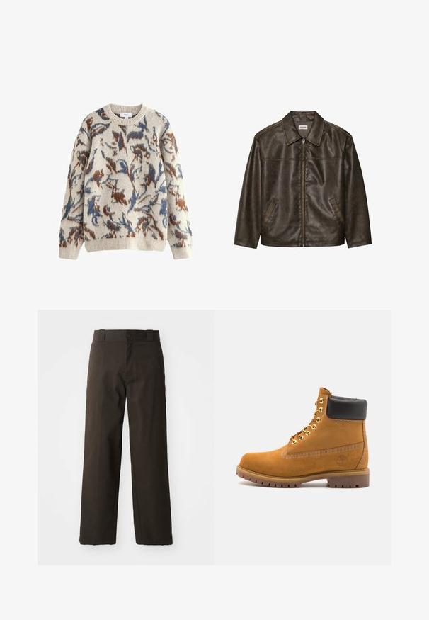 Brun läderjacka med krage, dragkedja och två sidofickor. Slät textur med en något sliten finish.; Krämfärgad tröja med ett abstrakt blommönster i blått och brunt, med ribbad rund halsringning och långa ärmar. Mjuk textur.; Svarta bomull byxor med rak benform, med knappstängning och en klassisk midja. Slät textur, inga mönster eller detaljer.; Tan mockasins ankelstövlar med svart vadderad krage, guldmetallöglor, vit sömdekor och slitstöt gummisula med utmärkta mönster.