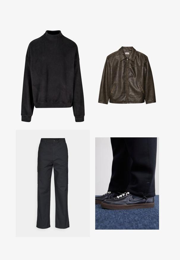 Hnědá kožená bunda s límcem, zipovým zapínáním a dvěma postranními kapsami. Hladký povrch s jemně opotřebovaným vzhledem.; Černá mikina s vysokým límcem, dlouhými rukávy a volným střihem. Vyrobena z měkké látky s hladkou texturou a žebrovanými manžetami.; Černé cargo kalhoty se střihem rovného nohavic, vybavené bočními kapsami a texturovanou tkaninou. Zapínání na knoflík v pase pro bezpečné nošení.; Nike Sportswear KILLSHOT 2 LTR PRM OPP2 - Tenisky - black sail baroque brown mtlc dk grey