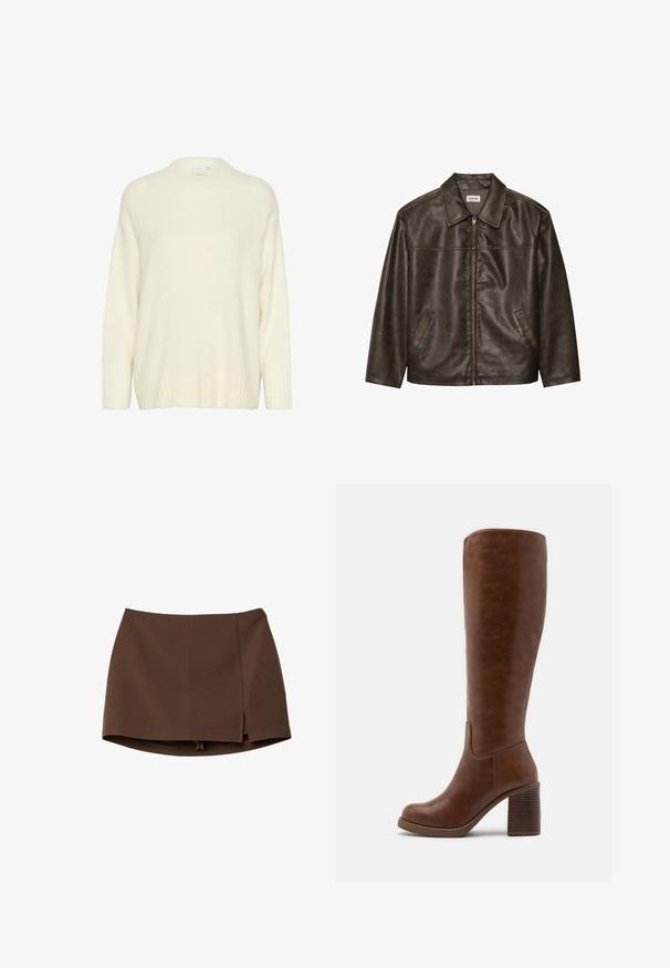 Brązowa skórzana kurtka z kołnierzem, zapinana na zamek, z dwiema bocznymi kieszeniami. Gładka tekstura z lekko postarzanym wykończeniem.; Kremowy sweter wykonany z miękkiego, puszystego materiału. Posiada okrągły dekolt, długie rękawy oraz prążkowane mankiety i dół, co dodaje mu tekstury.; Brązowa mini spódnica wykonana z gładkiej tkaniny, z przednim rozcięciem, czystymi liniami i dopasowanym fasonem. Bez kieszeni i wyróżniających się elementów metalowych.; Brązowe kozaki do kolan wykonane z gładkiej sztucznej skóry, z okrągłym noskiem, blokowym obcasem z pionowymi żłobieniami i minimalistycznym wzornictwem.