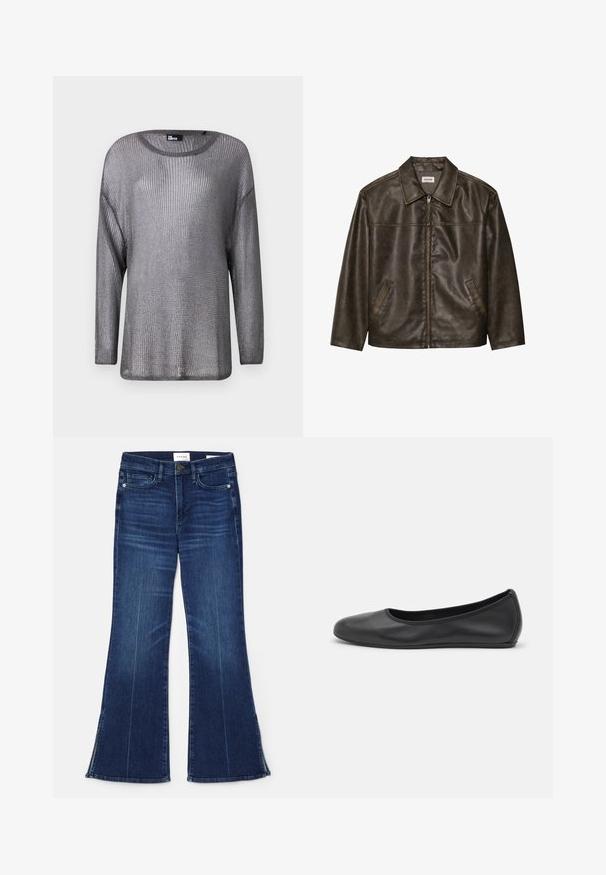 Bruine leren jas met een kraag, ritssluiting en twee zijzakken. Soepele textuur met een licht verouderde afwerking.; Zilverkleurige metallic lange mouwen trui met open brei-textuur. Kenmerkt een brede halslijn en een ontspannen pasvorm, wat zorgt voor een lichte en luchtige uitstraling.; Donkerblauwe uitlopende jeans gemaakt van denim. Beschikt over een hoge taille, voorzakken en splitdetails aan de zoom. Klassiek vijfzakontwerp.; Zwarte leren ballerina met een ronde neus, gladde textuur, minimale stikdetails en een flexibele zoolontwerp.