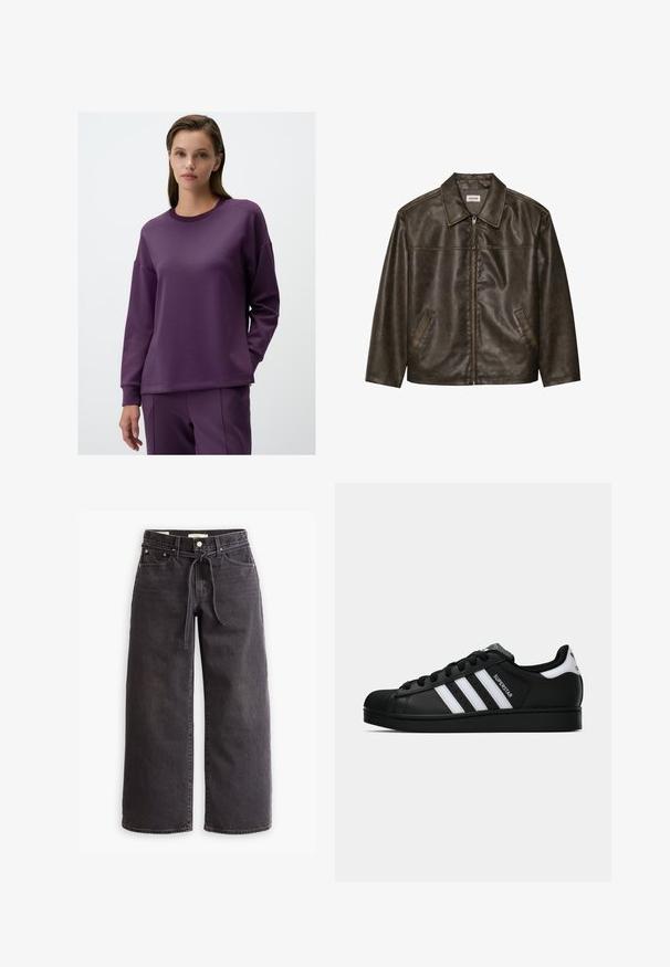 Giacca in pelle marrone con colletto, chiusura a zip e due tasche laterali. Texture liscia con una finitura leggermente invecchiata.; Felpa lunga viola in tessuto morbido, con scollatura rotonda e vestibilità comoda con spalle abbassate.; Jeans neri a gamba larga in denim, con vita con coulisse, cinque tasche e dettagli di cuciture a contrasto. Design con davanti piatto.; Sneaker nera Adidas Superstar con strisce bianche, punta a conchiglia e testo "Superstar" su un lato, mostrata in profilo laterale su sfondo bianco.