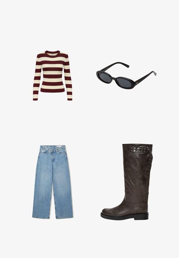 Braune Lederjacke mit Kragen, Reißverschluss und zwei Seitentaschen. Glatte Textur mit einem leicht abgenutzten Finish.; Langärmliger, gerippter Pullover mit burgunderfarbenen und cremefarbenen horizontalen Streifen, rundem Ausschnitt und tailliertem Schnitt, der ein strukturiertes Aussehen bietet.; Hellblaue weite Jeans aus Denim, mit hoher Taille, fünf Taschen, Knopfverschluss und dezentem Verblassen für Textur.; Braune Lederstiefel bis zum Knie mit strukturiertem Finish, ausgestattet mit einer Schnalle und Druckknopf-Akzenten an der Seite sowie einer flachen Gummisohle.; Schwarze, oversized Sonnenbrillen mit ovalen Gläsern, glattem Kunststoffrahmen und goldenen Akzenten an den Bügeln. Die dunklen Gläser bieten Sonnenschutz.; Weiche braune Hobo-Stil Handtasche mit einem einzigen breiten Trageriemen und einer geschwungenen Oberteilöffnung, auf einem weißen Hintergrund präsentiert.