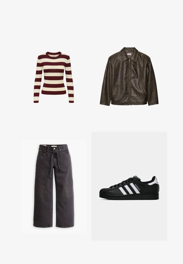 Barna bőrdzseki gallérral, cipzárral és két oldalsó zsebbel. Simaszerű textúra, enyhén kopott hatással.; Hosszúujjú bordázott pulóver bordó és krémszínű vízszintes csíkokkal, kerek nyakkivágással és szűkített fazonnal, amely texturált megjelenést kölcsönöz.; Fekete, bőszárú farmernadrág, állítható derékkal, öt zsebbel és kontrasztos varrási részletekkel. Lapos elülső dizájn.; Fekete Adidas Superstar sportcipő fehér csíkokkal, kagyló orral és "Superstar" felirattal az oldalán, oldalról bemutatva, fehér háttér előtt.