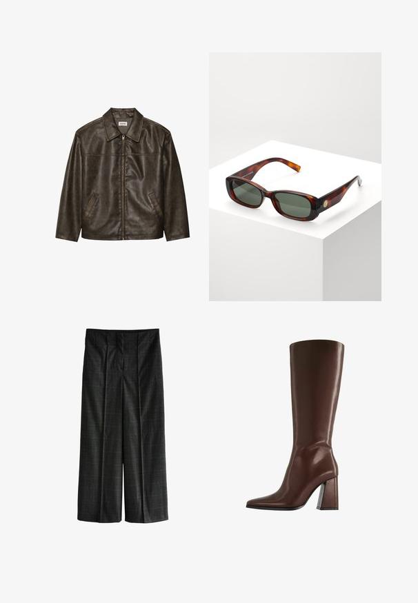 Braune Lederjacke mit Kragen, Reißverschluss und zwei Seitentaschen. Glatte Textur mit einem leicht abgenutzten Finish.; Helles rosa Langarmhemd mit weißen vertikalen Streifen und einer passenden Krawatte. Glatte Textur, Button-Down-Kragen und geknöpfte Ärmel.; Karierte weite Hose in Dunkelgrau mit subtilen grünen und braunen Akzenten. Mit vorderen Falten und einem taillierten Bund.; Brauner kniehoher Lederstiefel mit spitzer Zehe und klobigem mittelhohem Absatz, Seitenansicht vor weißem Hintergrund.; Schildpatt rechteckige Sonnenbrille mit grünen Gläsern. Breiter Rahmen, glatte Oberfläche, goldene Akzente an der Seite und schlanke Bügel.; Braune Wildleder-Handtasche mit zwei stabilen Griffen, rechteckiger Form und dekorativem Riemen-Detail an der Vorderseite.