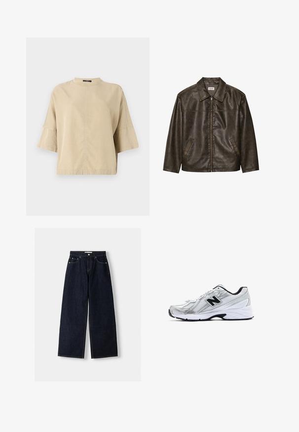 Brown leather jacket with a collar, zip closure, and two side pockets. Smooth texture with a slightly distressed finish.; Beige short-sleeve top with a high neckline, relaxed fit, and subtle stitching detail down the front. Made of smooth, lightweight fabric.; Dark blue denim wide-leg jeans with a high waist, five pockets, contrast stitching, and silver metal hardware. Smooth texture and clean finish.; Silver athletic shoe with mesh material, black accents, perforated design, and a cushioned white sole. Features a prominent 'N' logo.