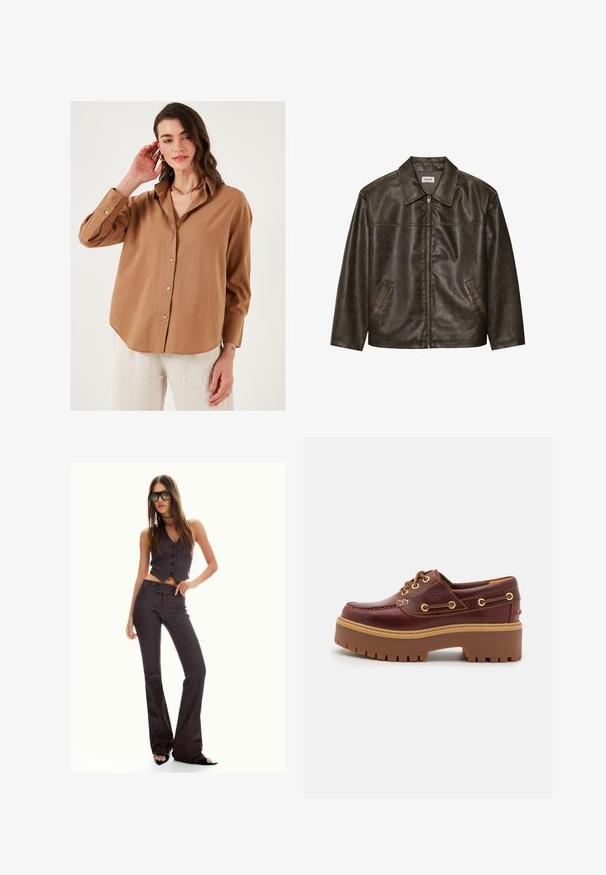 Bruine leren jas met een kraag, ritssluiting en twee zijzakken. Soepele textuur met een licht verouderde afwerking.; Bruine button-up blouse met een relaxte pasvorm, lange mouwen en een licht gebogen zoom; gemaakt van lichtgewicht stof met een subtiele textuur.; Bruin gestreepte cropped vest en uitlopende broek, met knopen en een gestructureerde stof. Zwarte open teen schoenen en oversized zonnebril.; Bruine leren botenschoenen met een stevige bruine rubberen zool, gouden ogen en contraststiksels. Heeft een logo aan de zijkant.