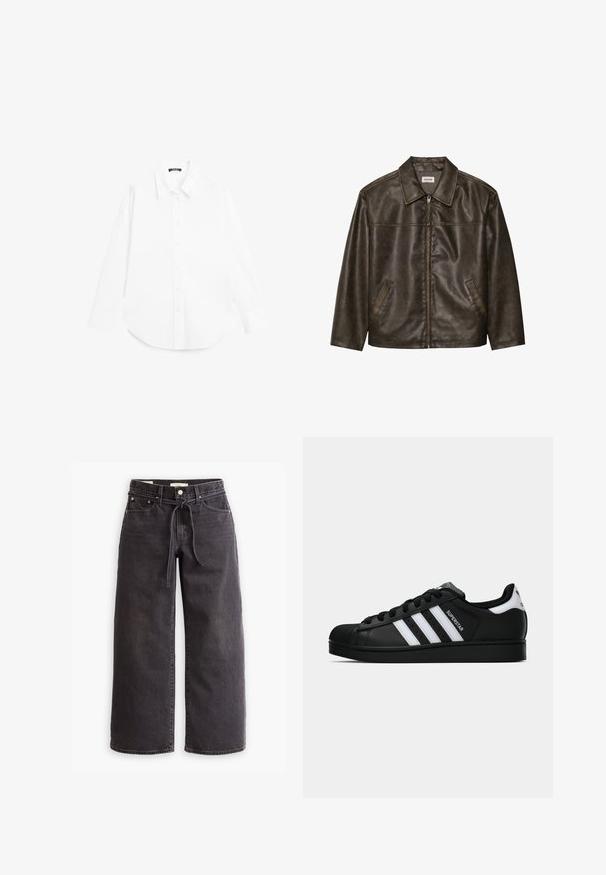 Braune Lederjacke mit Kragen, Reißverschluss und zwei Seitentaschen. Glatte Textur mit einem leicht abgenutzten Finish.; Massimo Dutti LONG BUTTONED - Hemdbluse - white; Schwarze, weit geschnittene Jeans aus Denim mit einem Zugbandbund, fünf Taschen und kontrastierenden Nahtdetails. Flacher Frontschnitt.; Schwarzer Adidas Superstar Sneaker mit weißen Streifen, Schalenzehen und "Superstar"-Schriftzug an der Seite, im Seitenprofil auf weißem Hintergrund dargestellt.