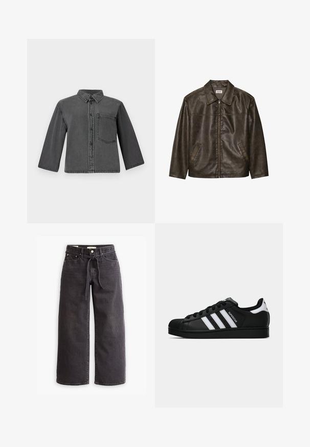 Jaqueta de couro castanho com colarinho, fecho com zíper e dois bolsos laterais. Textura suave com um acabamento ligeiramente desgastado.; Camisa de denim cinza com frente abotoada, colarinho ponto e um único bolso no peito. Apresenta mangas longas e um corte descontraído.; Jenas largas pretas, feitas de denim, com um cordão na cintura, cinco bolsos e detalhes de costura em contraste. Design de frente plana.; Sapatilha Adidas Superstar preta com riscas brancas, biqueira em concha e texto "Superstar" na lateral, apresentada em perfil lateral sobre fundo branco.