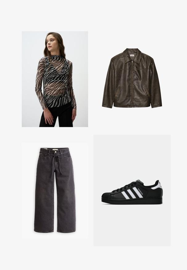 Brown leather jacket with a collar, zip closure, and two side pockets. Smooth texture with a slightly distressed finish.; Sheer long-sleeve top with a zebra print pattern in black and brown tones, featuring subtle sparkling accents and a high neckline.; Black wide-leg jeans made of denim, featuring a drawstring waist, five pockets, and contrast stitching details. Flat-front design.; Black Adidas Superstar sneaker with white stripes, shell toe, and "Superstar" text on side, shown in side profile on white background.