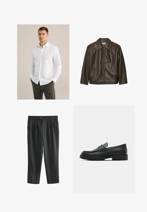 Ruda odinė striukė su apykakle, užtrauktuku ir dviem šoninėmis kišenėmis. Lygus paviršius su šiek tiek nusidėvėjusiu apdaila.; Balta mygtukų marškiniai su klasikiniu apykakle, ilgomis rankovėmis ir lygiu paviršiumi. Dėvimi su tamsiai žaliais kelnėmis, rankomis kišenėse.; Pilkos dryžuotos kelnės su klostu, pagamintos iš lygaus audinio, su mygtuko uždarymu ir tiesiomis kojomis.; Juodi odiniai loaferiai su apvalia nosimi, su siuvinėtu dizainu, žemu platformos padu ir tekstūruotu, sukibimo raštu padu.