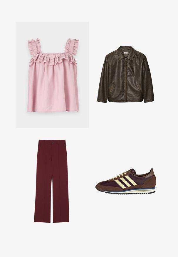 Pruun nahkjakker, millel on krae, lukuga kinnitamine ja kaks küljetaskut. Sile tekstuur, millel on kergelt kulunud välimus.; Roosa ilma varrukatöpiga särk, millel on ruffle'd õlavarre rihmad ja kogutud krae. Valmistatud kerge kanga poole, millel on lahed, voolav kuju.; Burgundi värvi laiad jalad püksid, nupuga kinnitamine, kaks külgtaskut ja kortsus esiosa. Sile kangatekstuur.; Pruun ja burgundi värvi tennised, mis on valmistatud karvase ja võrkmaterjaliga, sisaldavad kolme kreemjat triipu, tekstuurset kangast keelt ja kummist talla.