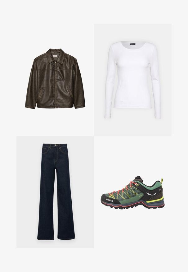 Jaqueta de couro castanho com colarinho, fecho com zíper e dois bolsos laterais. Textura suave com um acabamento ligeiramente desgastado.; Top branco canelado de mangas longas com um decote redondo. Feito de um tecido elástico que se ajusta ao corpo. Apresenta linhas horizontais sutis.; Calças de ganga largas em azul escuro com bolsos frontais, passadores para cinto e fecho com botão.; Sapatilha de caminhada verde e preta com parte superior em malha texturizada, atacadores vermelhos, detalhes amarelos e sola robusta desenhada para tração.