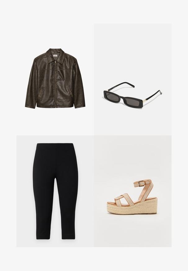 Veste en cuir marron avec un col, fermeture éclair et deux poches latérales. Texture lisse avec une finition légèrement vieillie.; T-shirt noir à manches courtes en tissu lisse. Il présente un col rond et une coupe décontractée avec un ourlet droit.; Leggings capri noirs en tissu extensible, offrant une coupe ajustée et une texture lisse, sans motifs ni accents visibles.; Sandales compensées avec une semelle en jute, dessus en tissu beige et deux brides croisées. Bride de cheville réglable avec une boucle en métal.; Lunettes de soleil noires rectangulaires avec des verres sombres, monture en plastique brillant et accents dorés sur les branches. Design minimaliste et forme épurée.; Sac à épaule en tissu marron avec un corps large et arrondi et une grande poignée découpée. Texture douce, design minimaliste et aucun matériel visible.