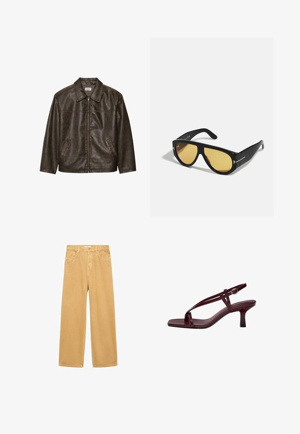 Jachetă din piele maro cu guler, închidere cu fermoar și două buzunare laterale. Textură netedă cu un finisaj ușor uzat.; Tricou scurt cu mânecă, de culoare neagră, fabricat dintr-un material fin. Are un decolteu rotund și o croială lejeră, cu o linie a tivului dreaptă.; Pantaloni din bumbac cu talie înaltă, de culoare bej deschis, cu croi larg, buzunare frontale și închidere cu un singur nasture. Textură netedă, design casual.; Sandale cu toc înalt burgundy, cu vârf pătrat, curele subțiri și cataramă pentru gleznă. Textură de piele fină și toc subțire, de tip bloc.; Ochelari de soare negri cu un cadru geometric, lentile galbene și accente aurii pe temple. Textură netedă, formă largă, design contemporan.