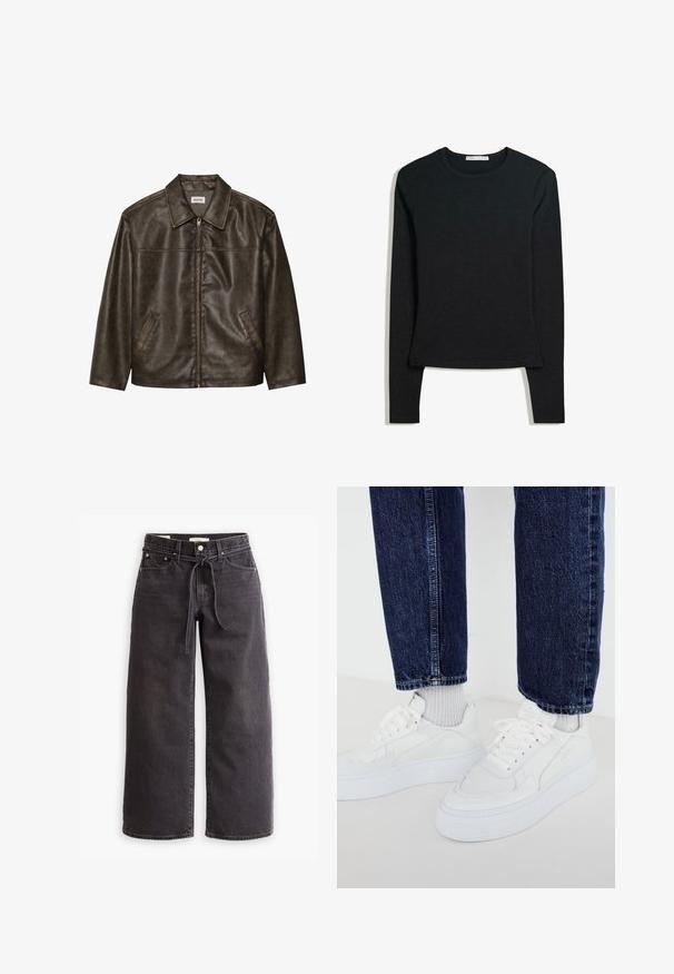 Brown leather jacket with a collar, zip closure, and two side pockets. Smooth texture with a slightly distressed finish.; Black long-sleeve shirt made of soft fabric, featuring a round neckline and fitted design with a straight hem and minimal stitching details.; Black wide-leg jeans made of denim, featuring a drawstring waist, five pockets, and contrast stitching details. Flat-front design.; White sneakers with a textured design and thick soles, paired with light gray ribbed socks, and dark blue denim jeans.