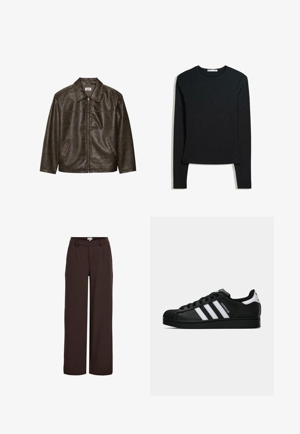Braune Lederjacke mit Kragen, Reißverschluss und zwei Seitentaschen. Glatte Textur mit einem leicht abgenutzten Finish.; Schwarzes Langarmshirt aus weichem Stoff, mit Rundhalsausschnitt und taillierter Passform, geradem Saum und minimalen Nähten.; Object OBJLISA WIDE - Stoffhose - java; Schwarzer Adidas Superstar Sneaker mit weißen Streifen, Schalenzehen und "Superstar"-Schriftzug an der Seite, im Seitenprofil auf weißem Hintergrund dargestellt.