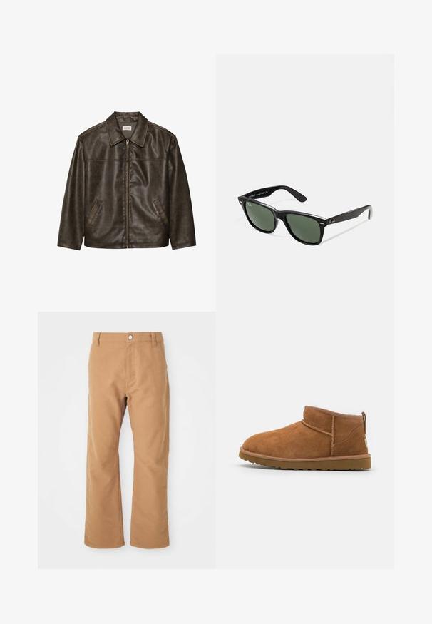 Brown leather jacket with a collar, zip closure, and two side pockets. Smooth texture with a slightly distressed finish.; White cotton t-shirt with a crew neckline, short sleeves, and a relaxed fit. Tag reads "URBAN CLASSICS." Smooth texture, no patterns or accents.; Brown cotton pants with a straight leg design, featuring a single button closure and subtle stitching for added detail.; Tan suede ankle boot with a rounded toe, subtle stitching details, and a textured rubber sole. Short height without laces.; Black plastic sunglasses with green lenses, square frames, silver accent on the brow, and textured temple arms. Stated brand on inner arm.