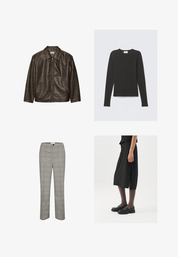 Brun läderjacka med krage, dragkedja och två sidofickor. Slät textur med en något sliten finish.; Svart långärmad tröja med rund hals och en liten vit etikett med texten "WEEKDAY" inuti kragen, visad mot en ljus bakgrund.; Grå rutiga byxor med platt front, knappstängning och raka ben. Tyget har en slät textur med ett klassiskt rutmönster.; Svart knälång kjol med sidoklyv, kombinerad med svarta loafers och genomskinliga bruna strumpbyxor, med en slät textil och enkel design.