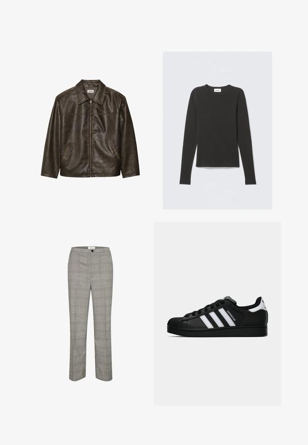 Bruine leren jas met een kraag, ritssluiting en twee zijzakken. Soepele textuur met een licht verouderde afwerking.; Zwarte lange mouwen crew neck shirt met een klein wit label met de tekst "WEEKDAY" binnenin de kraag, weergegeven op een lichte achtergrond.; Grijze geruite broeken met een vlakke voorkant, knoopsluiting en rechte pijpen. De stof heeft een gladde textuur met een klassiek ruitpatroon.; Zwarte Adidas Superstar sneaker met witte strepen, schelpneus en 'Superstar' tekst aan de zijkant, afgebeeld in zijaanzicht op een witte achtergrond.