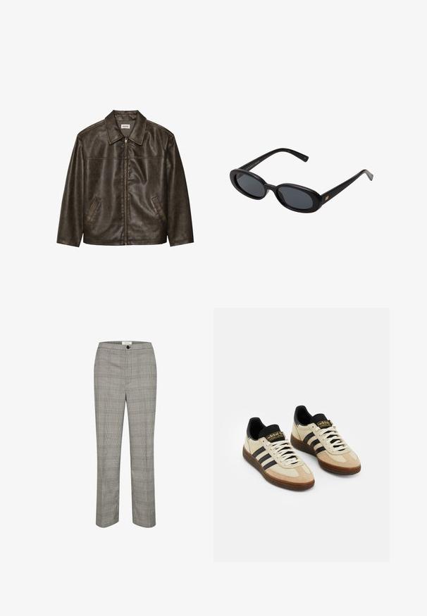 Rjav usnjeni jopič s ovratnikom, zadrgo in dvema stranskima žepoma. Gladka tekstura z rahlo obrabljenim videzom.; Črna majica z dolgimi rokavi in krobnim ovratnikom, z majhno belo nalepko z napisom "WEEKDAY" znotraj ovratnika, prikazana na svetli podlagi.; Sive karirane hlače z ravnim sprednjim delom, gumbom in ravnimi nogavicami. Tkanina ima gladko teksturo s klasičnim vzorcem karirastega. ; Bež športni čevlji iz semiša z črnimi usnjenimi detajli, belimi vezalkami in rjavim gumijastim podplatom. Tri črne črte na vsaki strani.; Črne oversize sončne očala z ovalnimi lečami, gladkim plastičnim okvirjem in zlatenimi detajli na templjih. Temne leče zagotavljajo zaščito pred soncem.