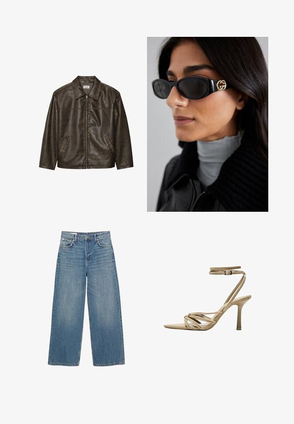 Barna bőrdzseki gallérral, cipzárral és két oldalsó zsebbel. Simaszerű textúra, enyhén kopott hatással.; Fehér, hosszú ujjú felső sima anyagból. Kerek nyakú, ejtett vállú és laza fazonú, enyhén ívelt aljjal rendelkezik.; Világoskék, széles szárú farmernadrág. Jellemzői közé tartozik az öt zseb, gombos záródás és tiszta szegés. Megfakult az egész felületen, hogy textúrát adjon.; Beige, velúr magassarkú szandál, hegyes orral, csavart pántokkal és állítható bokapánttal. Texturált sarok függőleges barázdákkal.; Fekete napszemüveg, sima, téglalap alakú kerettel, arany logóval az oldalon. Sötét lencsék és fényes felület jellemzi.; Zöld műbőr bevásárló táska, két hosszú fogantyúval, téglalap alakú, sima textúrával és látható varrással a széleken.