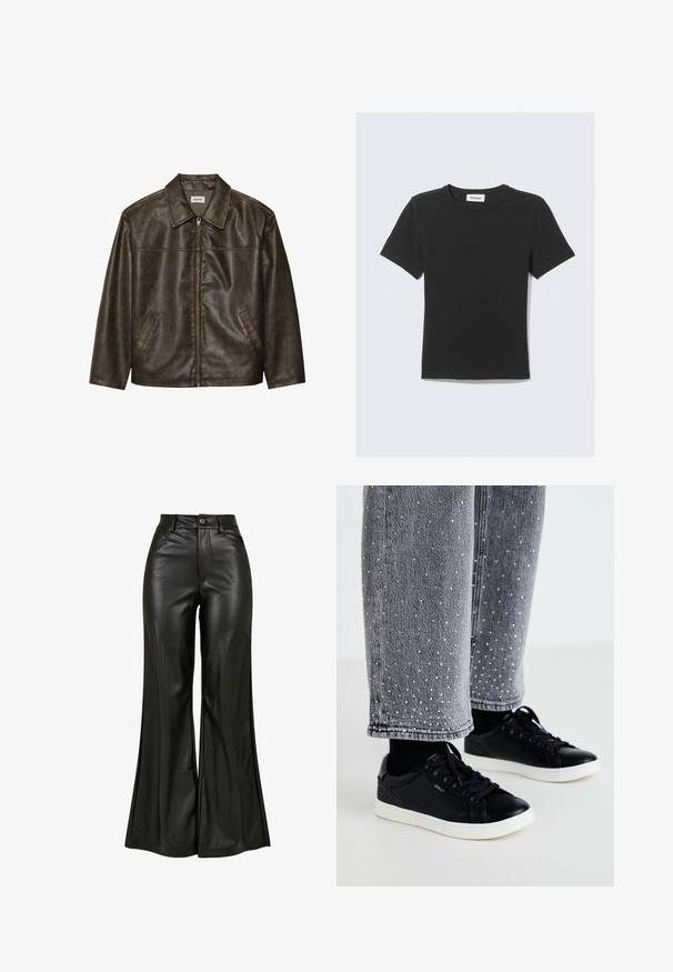 Giacca in pelle marrone con colletto, chiusura a zip e due tasche laterali. Texture liscia con una finitura leggermente invecchiata.; Maglietta nera a maniche corte in morbido cotone, con scollo rotondo e vestibilità regolare, senza motivi o dettagli visibili.; Pantaloni neri in pelle sintetica svasati con una finitura liscia, caratterizzati da vita alta, chiusura con bottone e tasche frontali. Design a gamba ampia e finitura lucida.; Sneaker in pelle nera con suole in gomma bianca e dettagli testurizzati. Abbinati a jeans in denim grigi decorati con punti argentati embelliti.
