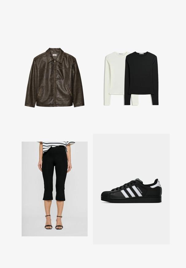 Brun læderjakke med krave, lynlås lukning og to sidelommer. Glat tekstur med en let slidt finish.; To lange ærmede skjorter: en hvid og en sort. Fremstillet af glat stof, med runde halsudskæringer og tætsiddende former med lige kanter.; Sorte capri leggings med en glat tekstur og en elastisk talje; kanten flarer let ved læggene, parret med sorte ankelrem sandaler.; Sort Adidas Superstar sneaker med hvide striber, skaletå og "Superstar"-tekst på siden, vist i sideprofil på hvid baggrund.