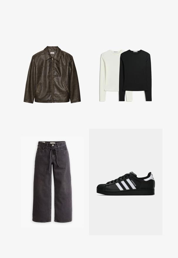 Jachetă din piele maro cu guler, închidere cu fermoar și două buzunare laterale. Textură netedă cu un finisaj ușor uzat.; Două cămăși cu mânecă lungă: una albă și una neagră. Realizate dintr-un material neted, cu gât rotund și o croială ajustată, cu tivuri drepte.; Jeans negre cu picioare largi, din denim, cu talie ajustabilă cu șnur, cinci buzunare și detalii de cusătură în contrast. Design cu fața plată.; Tenisii Adidas Superstar negri cu dungi albe, vârf din plastic, și textul "Superstar" pe lateral, prezentati în profil lateral pe fundal alb.