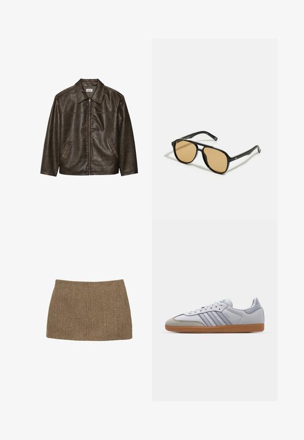 Veste en cuir marron avec un col, fermeture éclair et deux poches latérales. Texture lisse avec une finition légèrement vieillie.; Débardeur blanc à côtes avec un logo noir brodé centré sur la poitrine. L'encolure et les emmanchures sont finies avec un biais subtil.; Mini jupe à motif chevrons marron, présentant une coupe droite et une texture lisse. Le tissu semble tissé et structuré. Pas de fermetures visibles.; Baskets en cuir blanc avec des accents bleu clair, un bout en daim gris et une semelle en caoutchouc marron. Présente trois bandes bleues et le marquage "Samba".; Lunettes de soleil noires avec des verres teintés marron ; forme rectangulaire avec une monture épaisse, incluant des détails discrets en métal sur les branches.; Sac à main en cuir marron avec deux poignées robustes, de forme rectangulaire, texture lisse et fermeture zippée. Design minimaliste sans motifs visibles.