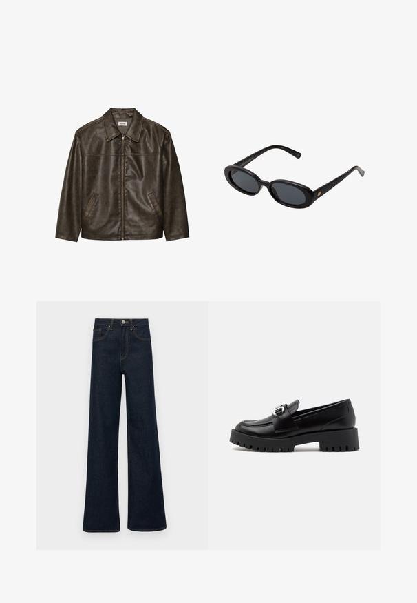 Veste en cuir marron avec un col, fermeture éclair et deux poches latérales. Texture lisse avec une finition légèrement vieillie.; Débardeur blanc à côtes avec un logo noir brodé centré sur la poitrine. L'encolure et les emmanchures sont finies avec un biais subtil.; Jean en denim large de couleur bleu foncé avec des poches avant, des passants de ceinture et une fermeture à bouton.; Mocassins en cuir noir avec une semelle épaisse et nervurée et un accent de boucle métallique sur la sangle. Texture lisse, design classique.; Lunettes de soleil noires surdimensionnées avec des verres ovoïdes, monture en plastique lisse et accents dorés sur les tempes. Les verres sombres offrent une protection contre le soleil.