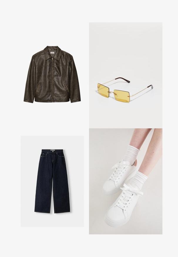 Brown leather jacket with a collar, zip closure, and two side pockets. Smooth texture with a slightly distressed finish.; White ribbed tank top featuring a black embroidered logo centered on the chest. The neckline and armholes are finished with a subtle binding.; Dark blue denim wide-leg jeans with a high waist, five pockets, contrast stitching, and silver metal hardware. Smooth texture and clean finish.; White leather sneakers feature a rounded toe, flat sole, and thick laces. Accented with a light pink heel and worn with white ribbed socks.; Square-shaped sunglasses with yellow lenses, gold metal frame, and brown-accented temple arms. Minimalist design with clear nose pads.; Pink leather crossbody bag with a rounded shape, gold zippered closure, and adjustable strap. Features embossed logo on the front.