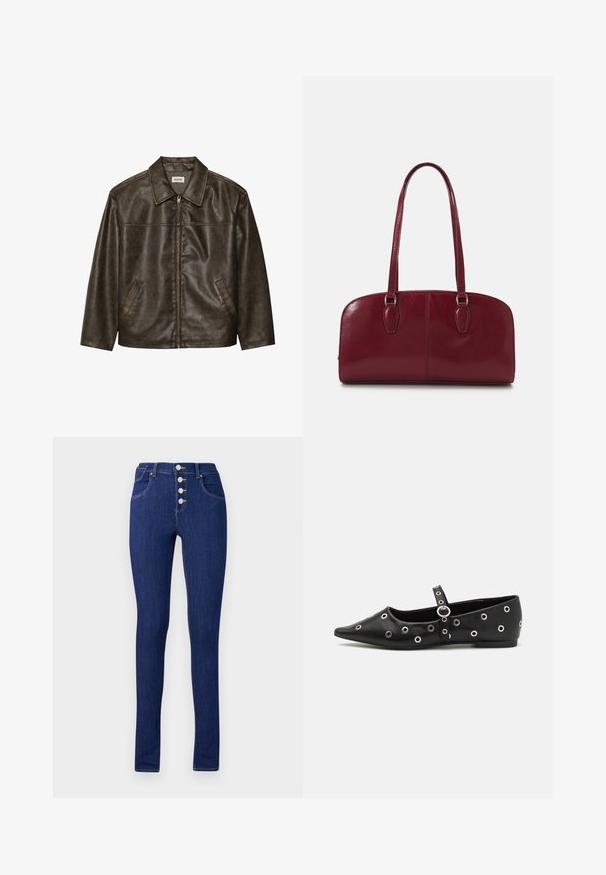 Brown leather jacket with a collar, zip closure, and two side pockets. Smooth texture with a slightly distressed finish.; White ribbed tank top featuring a black embroidered logo centered on the chest. The neckline and armholes are finished with a subtle binding.; Skinny jeans in dark blue denim, featuring a high waist, a button fly with five silver buttons, and minimalistic back pockets.; Black leather flat shoe with a pointed toe, featuring decorative silver eyelets and an adjustable strap across the ankle.; Zign LEATHER - Handbag - dark red