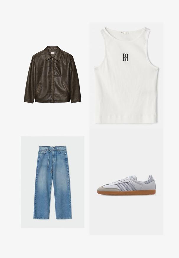 Bruine leren jas met een kraag, ritssluiting en twee zijzakken. Soepele textuur met een licht verouderde afwerking.; Witte geribde tanktop met een zwart geborduurd logo in het midden van de borst. De halslijn en armsgaten zijn afgewerkt met een subtiele bies.; Lichtblauwe denim wijde pijpen jeans met een hoge taille, trekkoord, vijf pockets ontwerp en een ruwe zoomafwerking.; Witte leren sneakers met lichtblauwe accenten, grijs suède neus en een bruine rubberen zool. Voorzien van drie blauwe strepen en "Samba"-branding.