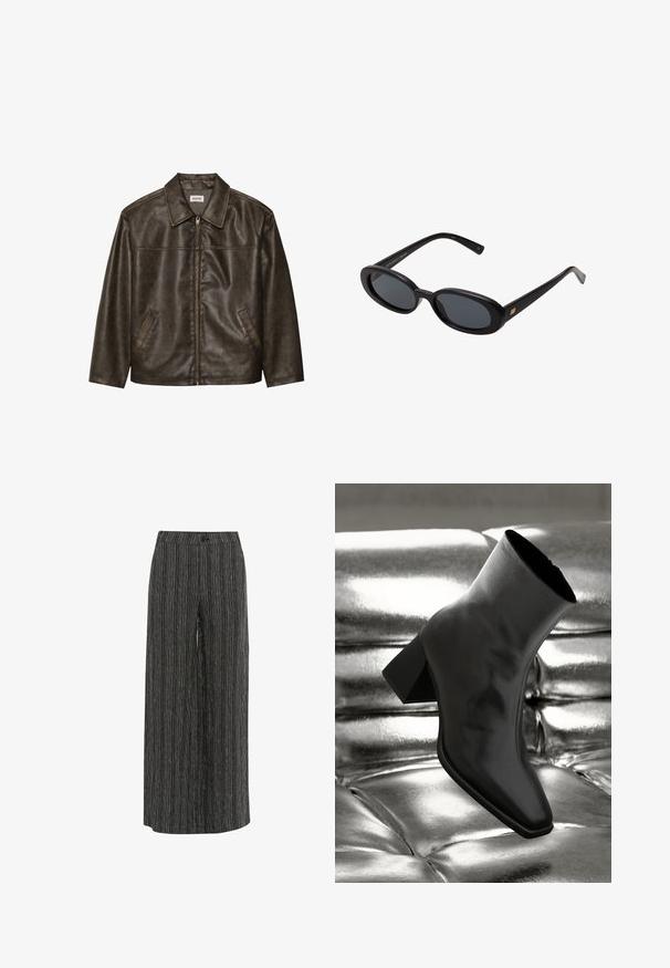 Bruine leren jas met een kraag, ritssluiting en twee zijzakken. Soepele textuur met een licht verouderde afwerking.; Witte geribde tanktop met een zwart geborduurd logo in het midden van de borst. De halslijn en armsgaten zijn afgewerkt met een subtiele bies.; Wijde broek in zwart-wit gestreepte stof. Voorzien van een knoopsluiting en een soepele textuur. Het ontwerp biedt een losse pasvorm en een ontspannen silhouet.; Zwarte enkellaarsjes van glanzend materiaal met een vierkante neus en taps toelopende hak, afgezet tegen een glanzende zilveren gecapitonneerde achtergrond.; Zwarte oversized zonnebril met ovale lenzen, een glad plastic montuur en gouden accenten op de pootjes. Donkere lenzen bieden bescherming tegen de zon.
